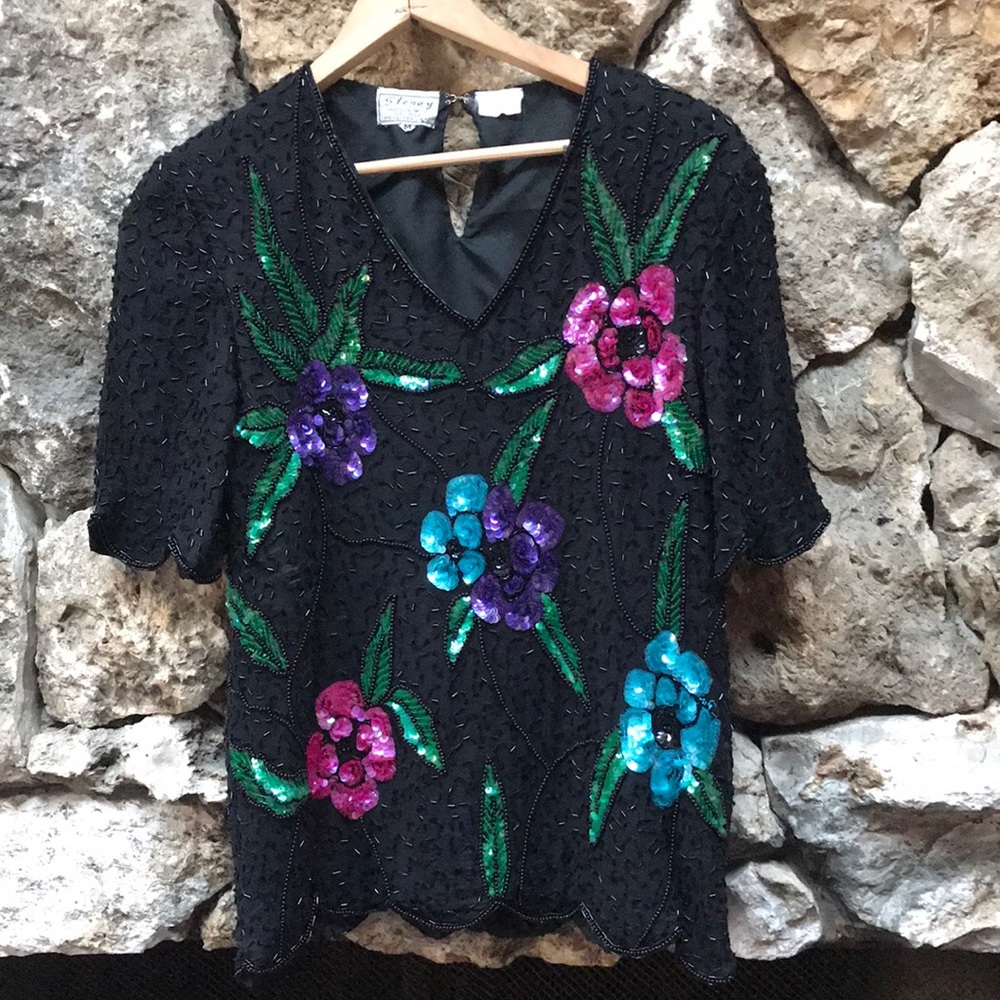 Vintage Stenay Beaded Floral Silk Top Size L